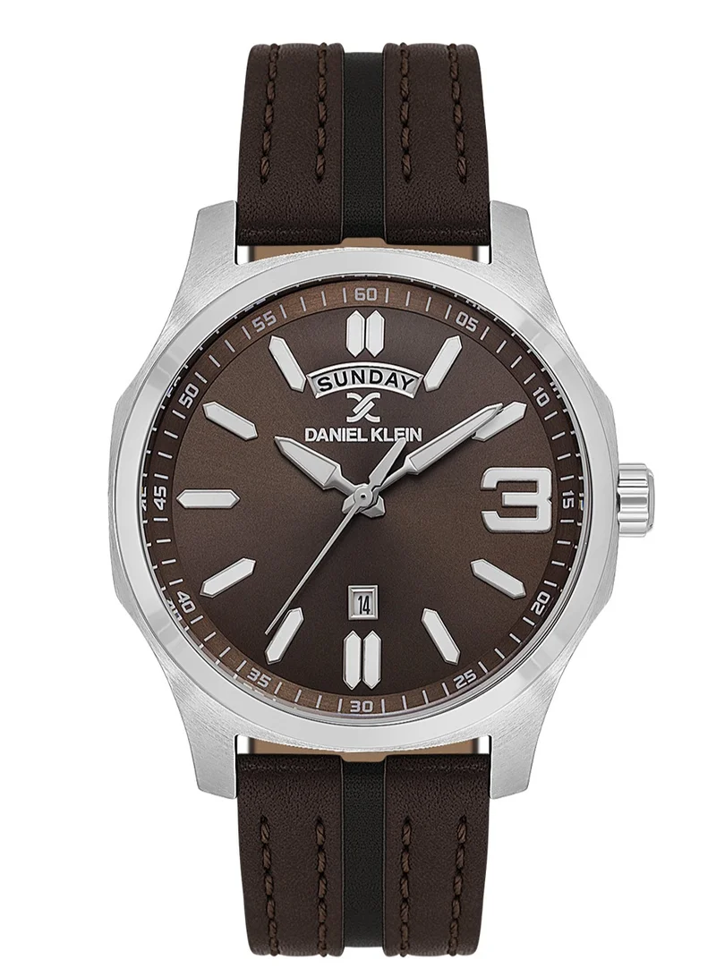 DANIEL KLEIN Men's Leather Silver Alloy Case Analog Warm Grey Round Sunray Dial Japanese Quartz Premium 50 Meters Water Resistant